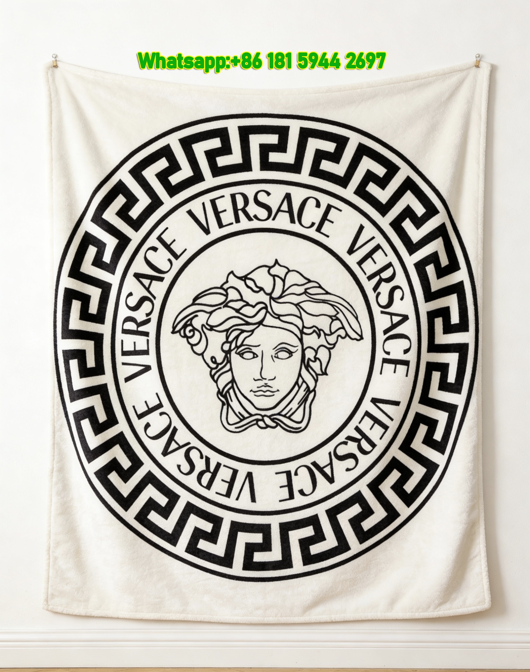 Versace White Black Medusa Greek Key Logo Printed Flannel Throw Blanket IMG_1275